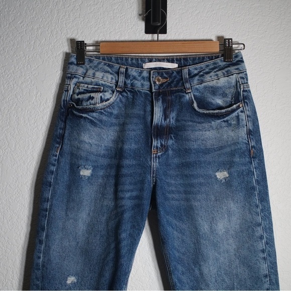 Zara TRF High Rise Distressed Raw Hem Denim Fish Net Ripped Knee Jeans Size 4 - Picture 3 of 9
